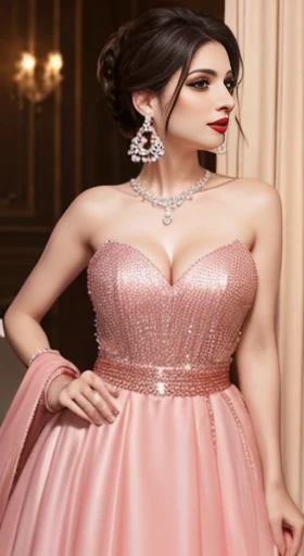 uma mulher em um vestido rosa posando para uma foto, em longos vestidos rosa ou violeta, vestido de sereia de glitter rosa, inspirado em Liu Haisu, vestido sexy, Deni Viktor, com cintura fina, vestido de baile rosa brilhante, inspirado em Farid Mansour, Directed by: Gabriel Ba, fluttering dress, rendering of beauty pageant, vestidos de noite elegantes!, vestido vestido bonito vestido, vestido