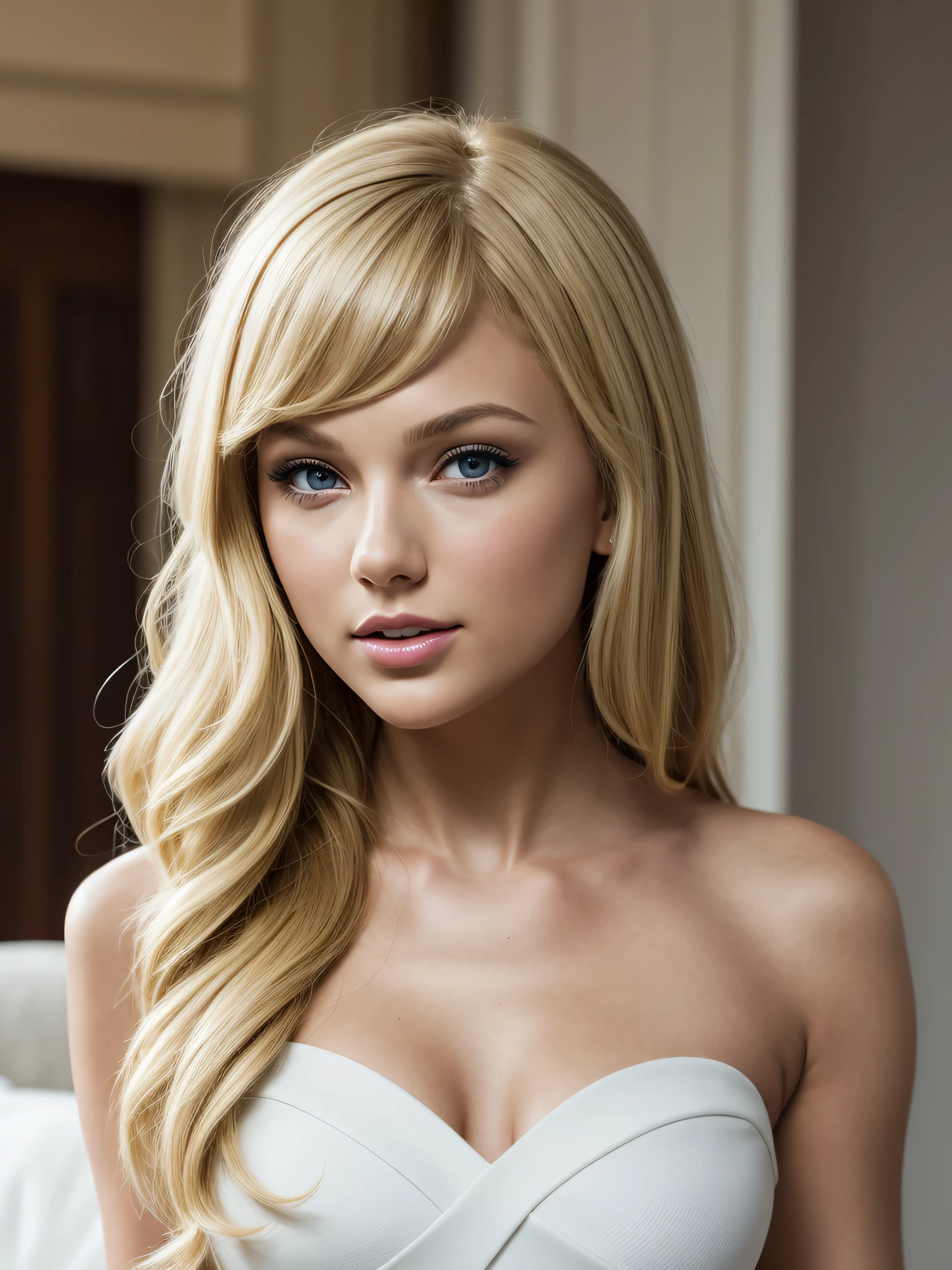Masterpiece, Realistic, 8K, ultra_detailed detailed, very_detailed_facial_features, Beautiful_cute_feminine_young_Jennifer_Morrison_head_shape, (blonde_hair:1.5), Beautiful_long_young_Hayden_Panettiere_blonde_hair, Beautiful_short_young_Victoria_Justice_forehead, Very_small_round_young_Hayden_Panettiere_eyebrows, Beautiful_tanned_realistic_young_Eva_Longoria_skin_color, (blue_eyes:1.2), Beautiful_young_Scarlett_Johansson_blue_eyes, Very_Beautiful_realistic_detailed_iris, small_very_beautiful_delicate_nose, Very_beautiful_cute_young_Taylor_Swift_cheeks, Very_attractive_feminine_red_Taylor_Swift_lips, beautiful_arched_chin, Extremely_beautiful_cute_elegant_young_woman, (upper_body:1.5, looking_at_viewer:1, body_looking_at_viewer:1, wistful_smile:0.5), wearing a white_strapless_dress:0.5