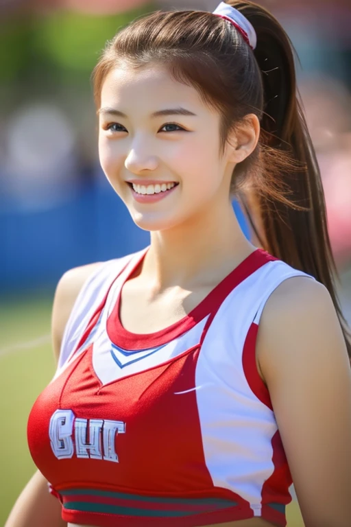 top-quality、masterpiece、hight resolution、4K、real 18 year old woman、cheer girl、cheerleaders、a smile、Hairstyle is ponytail、1girl in、