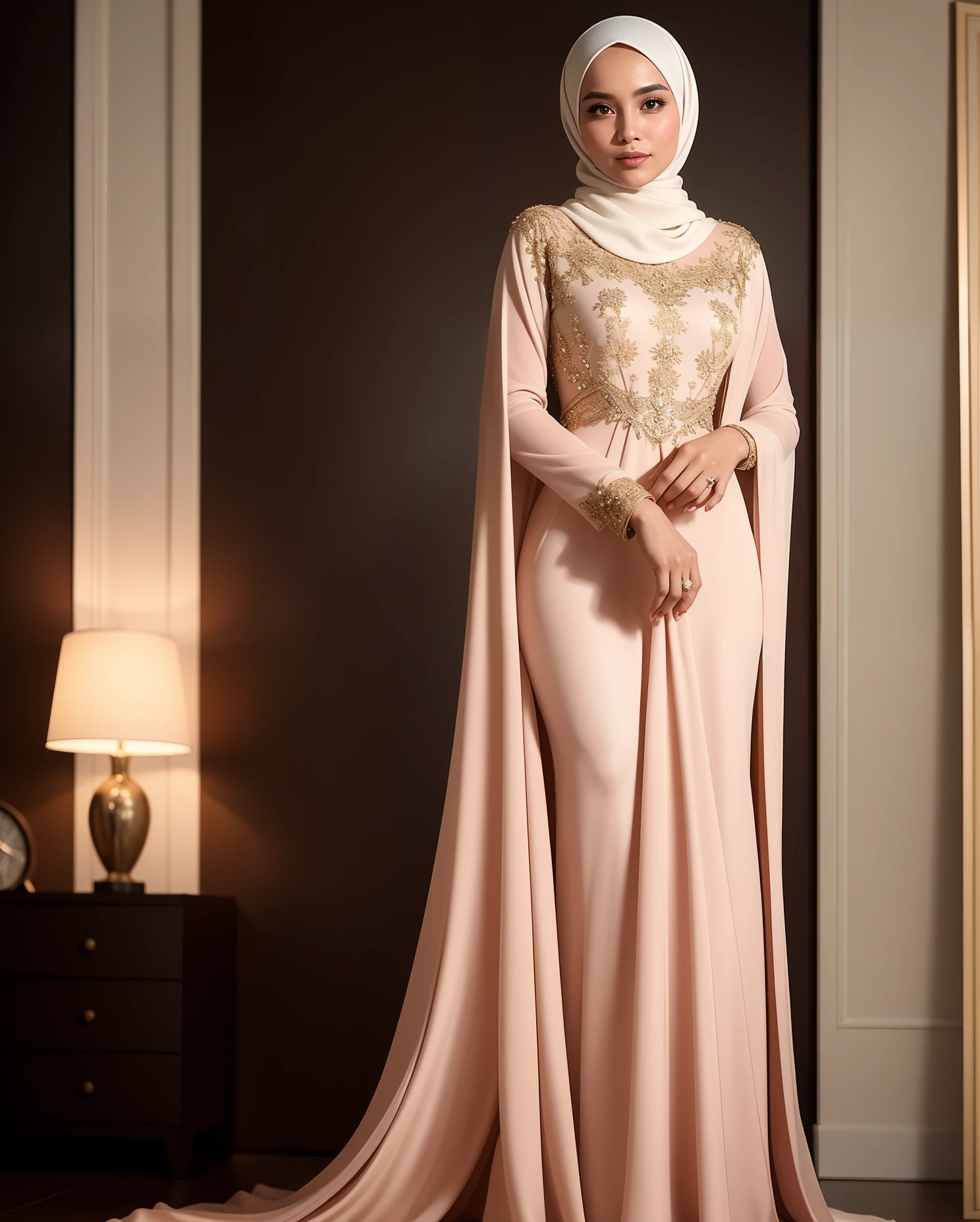 Capture a portrait of the Malay woman in an elegant evening gown and hijab, posing gracefully against a backdrop of soft, diffused lighting, exuding timeless beauty and sophistication