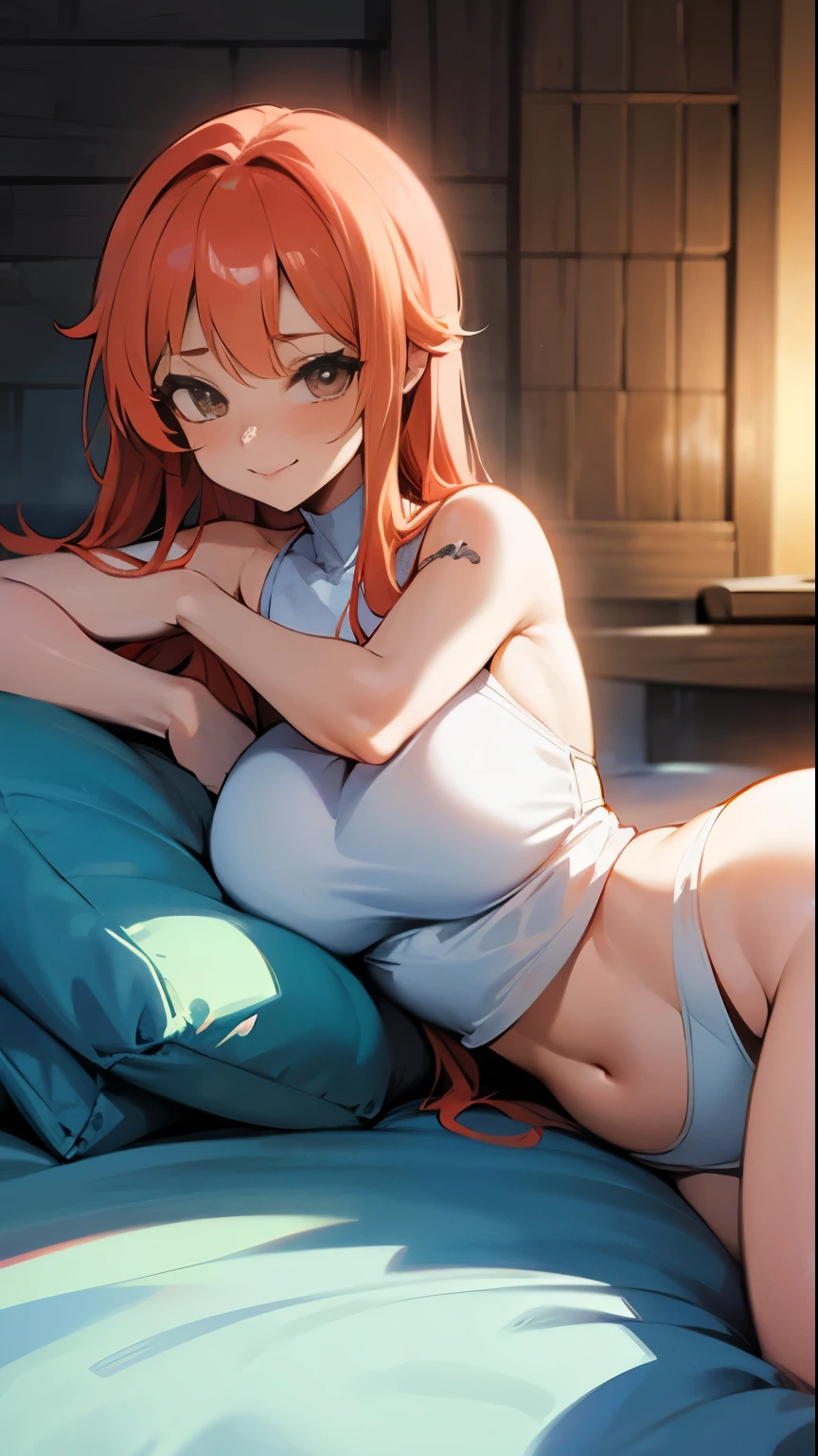 body: pale skin, strawberry blonde hair, girl, hair down,  slightly freckled, slight overweight, soft, busty, navel
clothing: hair ribbon, thin sheer robe, low opacity fabric
pose: blushing, slightly smiling, bliss, lying down, legs parted, hands in panties
setting: sauna
aesthetic: average person, soft face, well lit room, soft eyes, MILF, mature woman