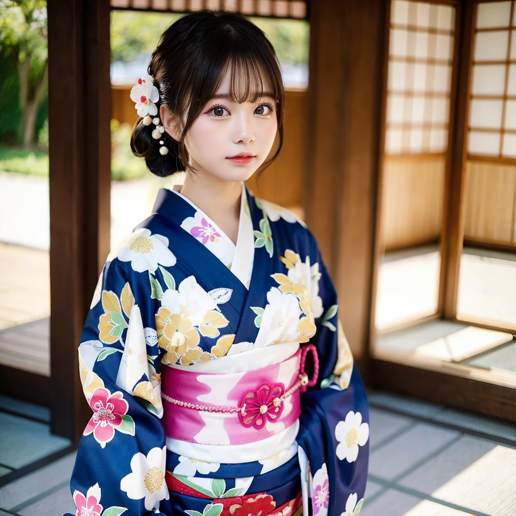 teens girl、Kimono、Furisode、New Year、celebration、a blond、Medium bob、Skin Texture、D-Cup bust、(((Futomo)))、the morning sun、Background blur、telephoto lens