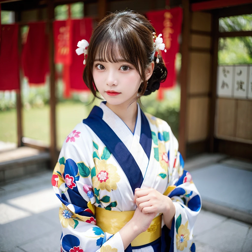 s girl、Kimono、Furisode、New Year、celebration、a blond、Medium bob、Skin Texture、D-Cup bust、(((Futomo)))、the morning sun、Background blur、telephoto lens