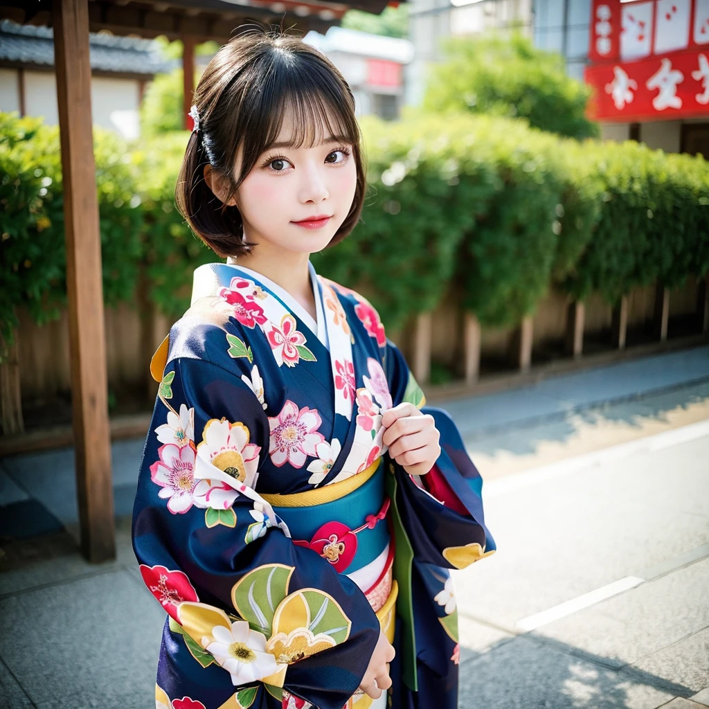 teens girl、Kimono、Furisode、New Year、celebration、a blond、Medium bob、Skin Texture、D-Cup bust、(((Futomo)))、the morning sun、Background blur、telephoto lens