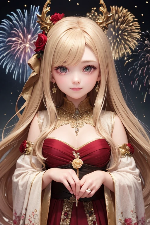 masterpiece,
best quality, ultra-detailed,
an extremely delicate and beautiful, New Year's festivities, fireworks, flower blizzard,