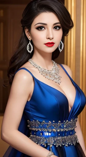 Lebanese lady, diamond dangling earrings, necklace, bracelets, small breasts, 40 years old, smokey eyes, cleavages, red lips, innocent face, blue fashion ball gown, stylish hairstyle, overskirt, holding her skirt