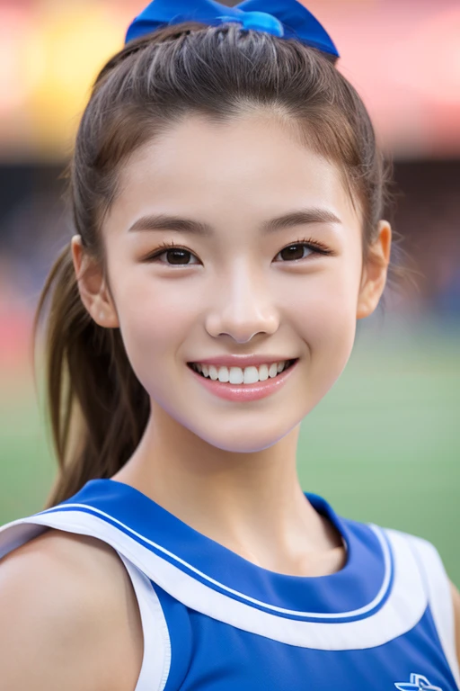 top-quality、masterpiece、hight resolution、4K、real 18 year old woman、cheer girl、cheerleaders、a smile、Hairstyle is ponytail、1girl in、