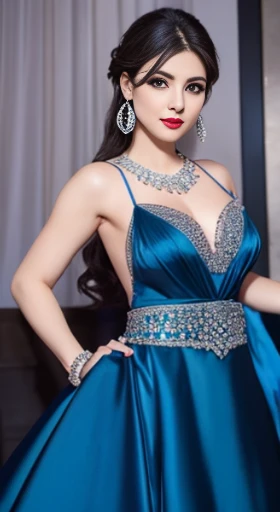 Lebanese lady, diamond dangling earrings, necklace, bracelets, small breasts, 40 years old, smokey eyes, cleavages, red lips, innocent face, blue fashion ball gown, stylish hairstyle, overskirt, holding her skirt, posing, modeling
