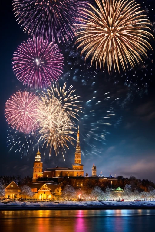 masterpiece, 
best quality, ultra-detailed,  
an extremely delicate and beautiful, New Year's festivities, fireworks, flower blizzard,