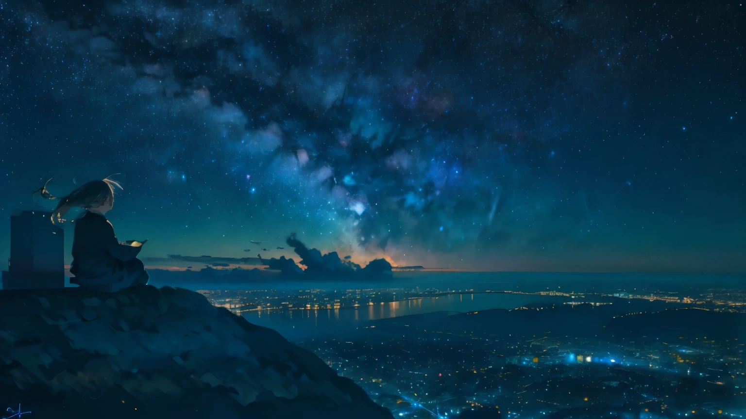 octane, sky, Star (sky), scenery, Starry sky, Night, 1girll, Night sky, Solo, Outdoors, signatures, Building, Cloud, Milky Way, Sitting, Size tree, a bird,Long hair, City, Silhouette, Cityscape