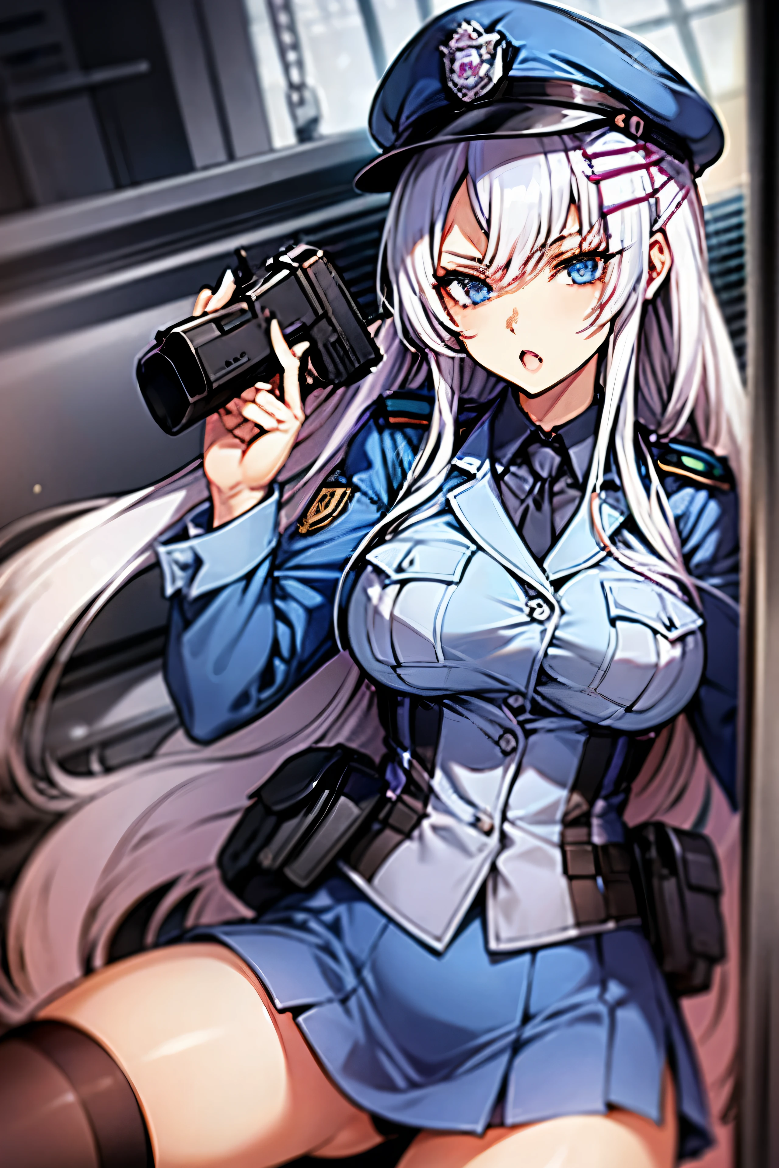((police uniform with))、 Background with、a miniskirt、No stockings、Ready the mini pistol、