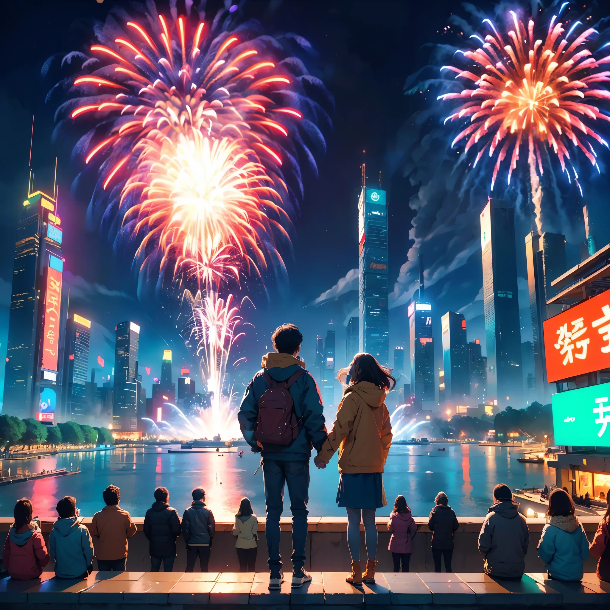 at winter season，((1 couple，hugs，Watching the fireworks in the sky))，(new year)，(concert)，(square)，(crowd of), (skyscrapper，City night view in the background, Many fireworks in the background), illustratio, Warm and joyful atmosphere, illustration, New Year’s Day, 下雪的at winter seasonnew year夜, 可爱illustratio, background artwork, 风格化数字illustratio，(first-person view, pov, Ghibli-like colours, UHD, masterpiece, ccurate, anatomically correct, textured skin, super detail, high details, high quality, best quality, 8k)