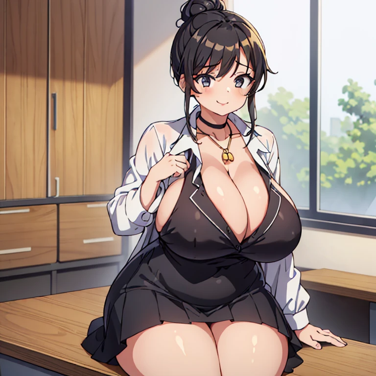 1girl in, Mature Woman, A MILF, teacher, huge-breasted, cleavage, wide hips, thick thighs, Big thighs, Black hair in a bun, Smile, Ruffled white blouse, black blazer over blouse, Long skirt, sitting at the desk, golden cross pendant around the neck, Classroom background, 8K, masutepiece