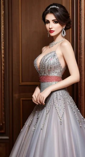 Lebanese lady, diamond dangling earrings, necklace, bracelets, small breasts, 40 years old, smokey eyes, cleavages, red lips, innocent face, random colored fashion ball gown, stylish hairstyle, overskirt, holding her skirt, posing, modeling