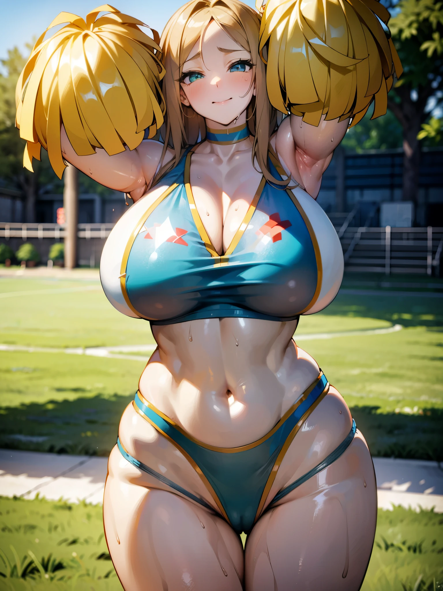 (8K, Best quality at best, tmasterpiece:1.2),\(Eyes detailed\),\(facial feature\),(\(Clothes detail details\)\),(1 girl:1.3),(Alone:1.35),Full body lesbian,18yr old,blonde with blue eyes,(/Green-eyed/),sexy model,(/white skinned/),(_:1.2),oilly skin,(a slender waist:1.2),navel,(Cute cheerleading uniforms:1.2),Attention cheerleaders、an sexy、A mature woman,、cute cheerleader、Decided Pose,(depth of fields:1.15),(ssee-through:1.25)