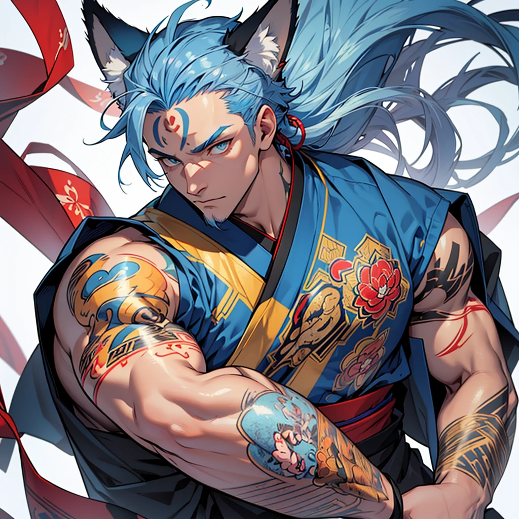 Best quality, masterpiece, ultra high res,detailed background,solo,male, bara, muscular, mature male, (blue hair), golden eyes, furry fox ears, mystic red tatoo on the forhead, a man, alone, white hair, golden eyes, tattoo on the forehead, mark on the face, tall, wears a japanese traditional kimono, white background