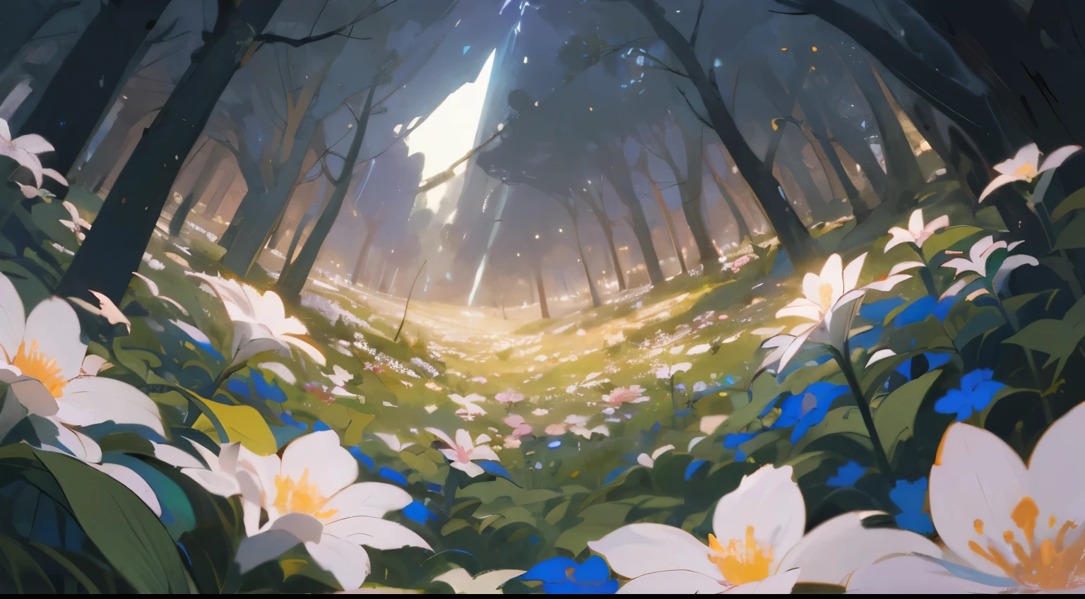 A vacant lot，Flowers grow in open spaces，In the distance is a dark forest，The flowers are bright，light sparkles，Clear skies change from above to dark skies，Look at the camera from below，Dark lighting，volume illumination，super-detail，Environmental details，highs quality，coverpage，Fantasia，Arte，MasterPiece，best best quality