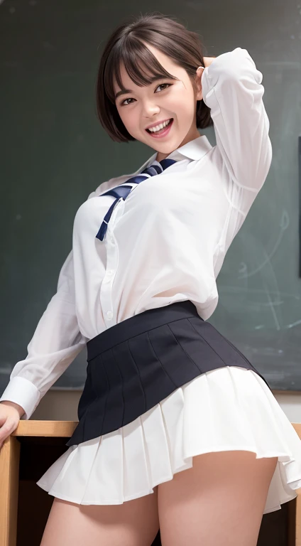 A beautiful girl girl in a transparent white blouse in a very short mini skirt, short hair, in class at the blackboard. realistic photo, full-length view, she laughs, she lifts her skirt, you can see her panties, you can see her panties