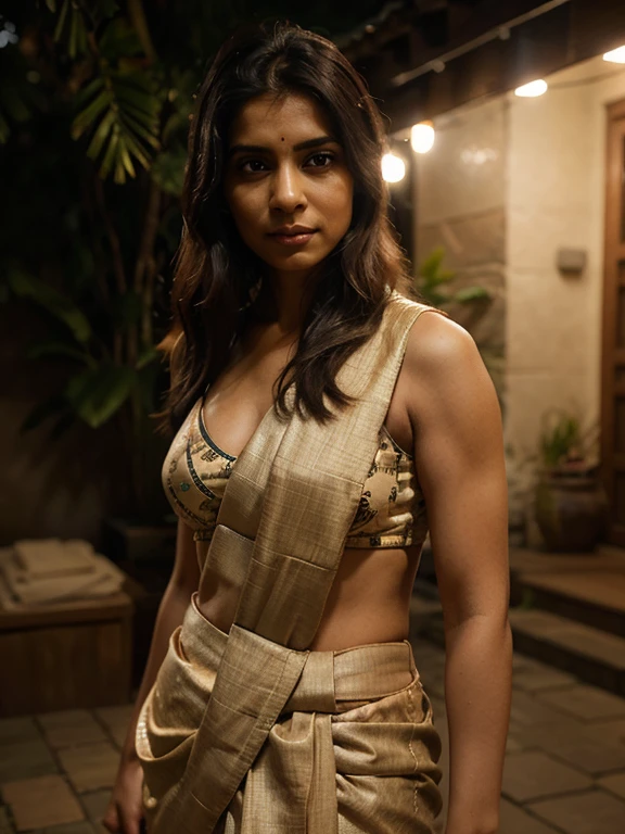 "Generate an image of a woman in her mid-30s, with a realistic and natural appearance, confidently wearing a traditional sari. Ensure the lighting and background capture the cultural richness of the attire while maintaining a lifelike and authentic representation."