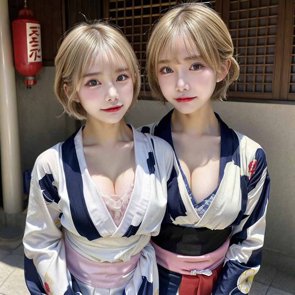 teens girl、Kimono、Furisode、New Year、celebration、a blond、Medium bob、Skin Texture、(((Futomo)))、D-Cup bust、cleavage of the breast、the morning sun、Background blur、telephoto lens