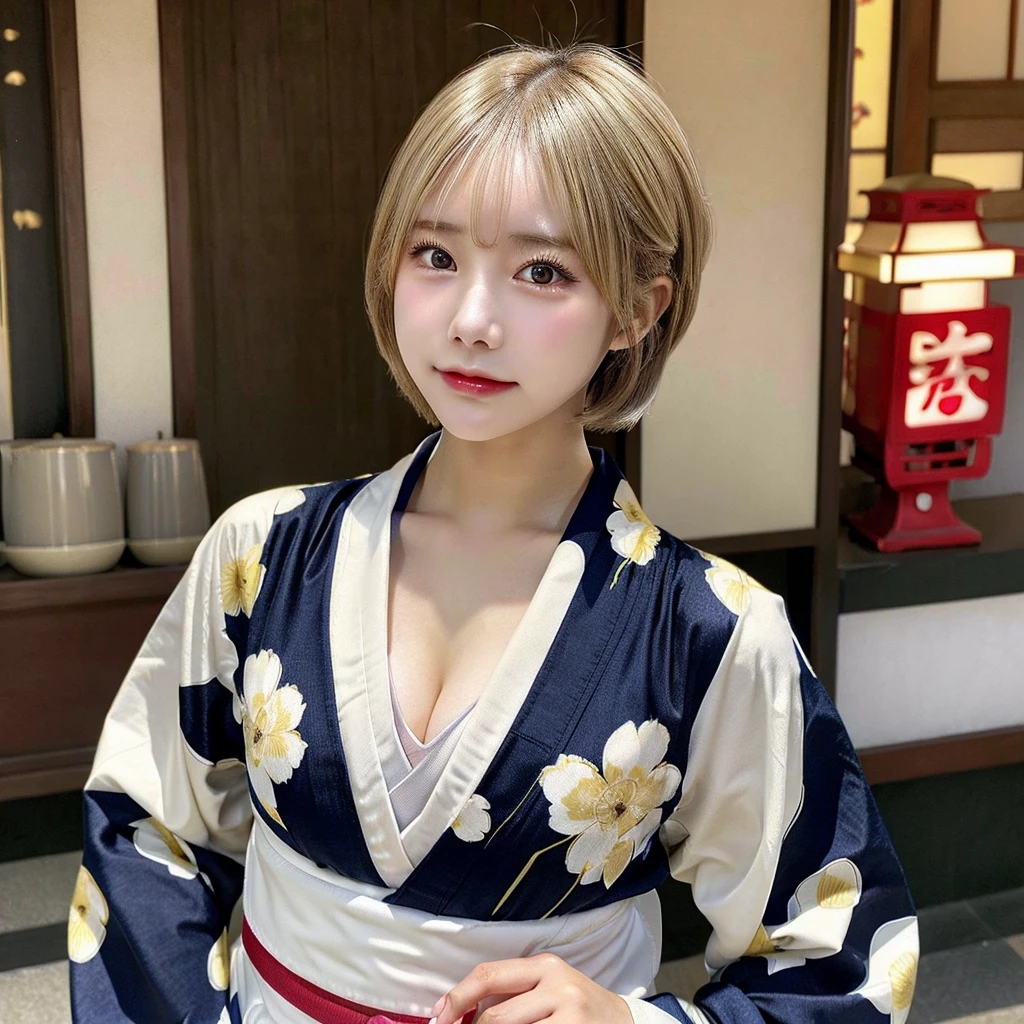 teens girl、Kimono、Furisode、New Year、celebration、a blond、Medium bob、Skin Texture、(((Futomo)))、D-Cup bust、cleavage of the breast、the morning sun、Background blur、telephoto lens
