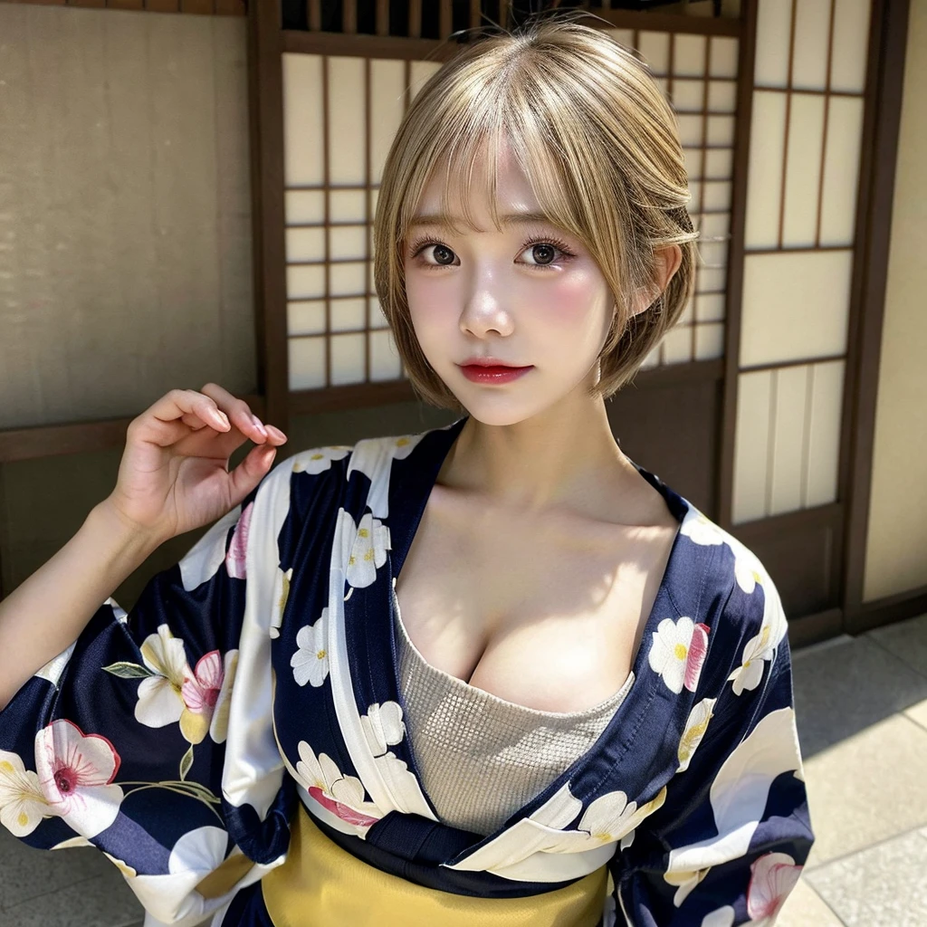 s girl、Kimono、Furisode、New Year、celebration、a blond、Medium bob、Skin Texture、(((Futomo)))、D-Cup bust、cleavage of the breast、the morning sun、Background blur、telephoto lens