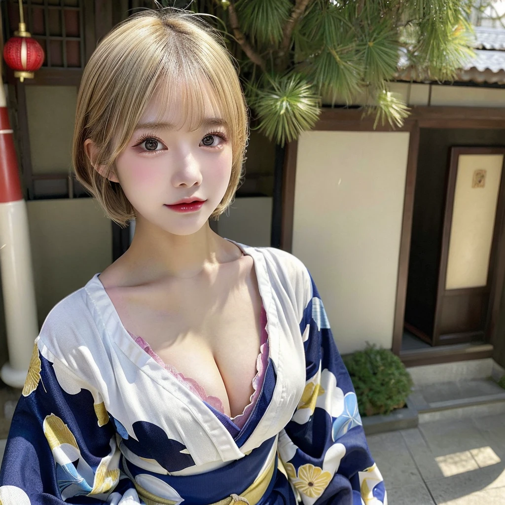 teens girl、Kimono、Furisode、New Year、celebration、a blond、Medium bob、Skin Texture、(((Futomo)))、D-Cup bust、cleavage of the breast、the morning sun、Background blur、telephoto lens