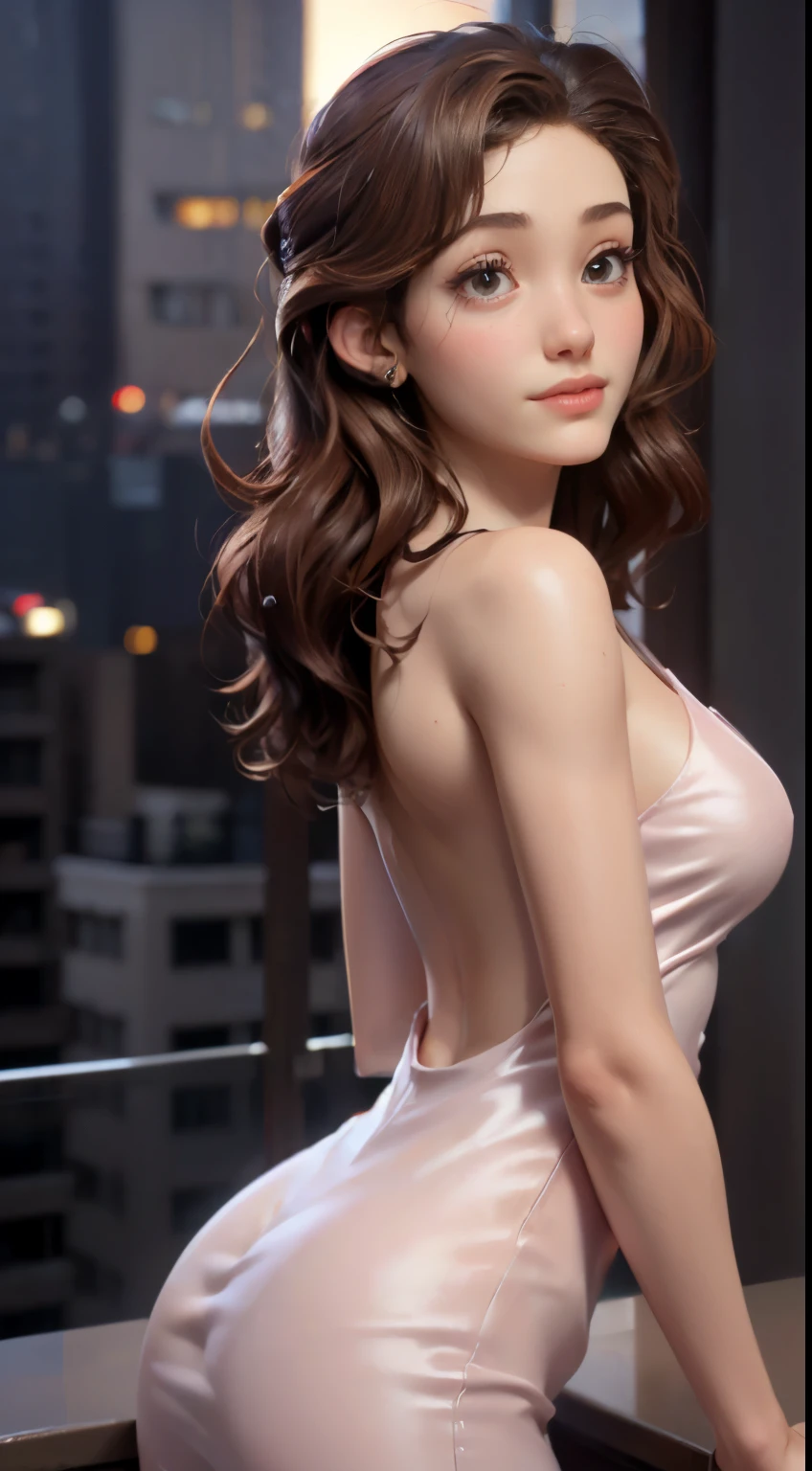 photo of Emmy Rossum, RAW, beautiful woman, ((portrait)), ((detailed face:1.2)), ((detailed facial feature, detailed skin, clear skin), (perfect proportioned body), arched back, (wearing a revealing colorful sexy dress) (high detailed city environment, apartment balcony), (realistic photo, best quality, detailed), (8k wallpaper), (cinematic lighting, dramatic lighting) (sharp focus, intricate)