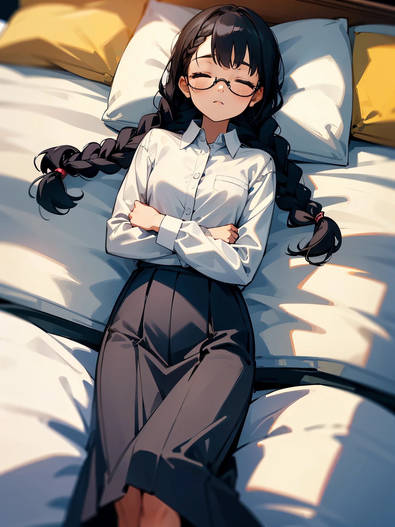 a young cute girl, glasses, braids, black hair, piercing, (Lie down on the bed), (sleeping), dress shirt