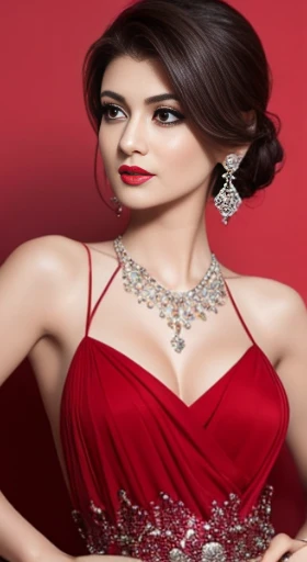 Lebanese lady, diamond dangling earrings, necklace, bracelets, small breasts, 40 years old, smokey eyes, cleavages, red lips, innocent face, random colored fashion ball gown, stylish hairstyle, posing, modeling
