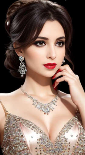 Lebanese lady, diamond dangling earrings, necklace, bracelets, small breasts, 40 years old, smokey eyes, cleavages, red lips, innocent face, random colored fashion ball gown, stylish hairstyle, posing, modeling