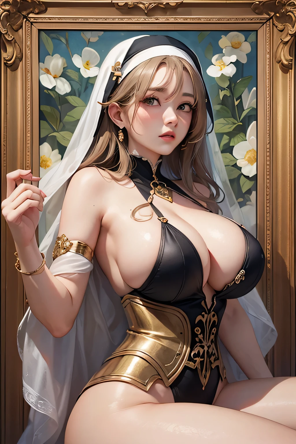 Portrait of a mature woman face, (red blush)、coiled long hair、shame、Plump body,crisp breasts,鎖骨,Colossal tits,gigantic cleavage breasts,cleavage,huge-breasted,(thighs thighs thighs thighs)、((Open crotch)), ((Spread legs)), ((Lie down)), white colors,Golden picture frame edge, Floral frame, Decorative panel, abstracted,waist-up,The upper part of the body,Nun dress,Gold Jewelry,Pedras preciosas,Photorealsitic,Artistically,An Alphonse Mucha's、(tmasterpiece,best qualtiy,hight resolution:1.4),detaileds,複雑なdetaileds {Ikko,4K,Colored splashes,line-drawing,Fibonacci,