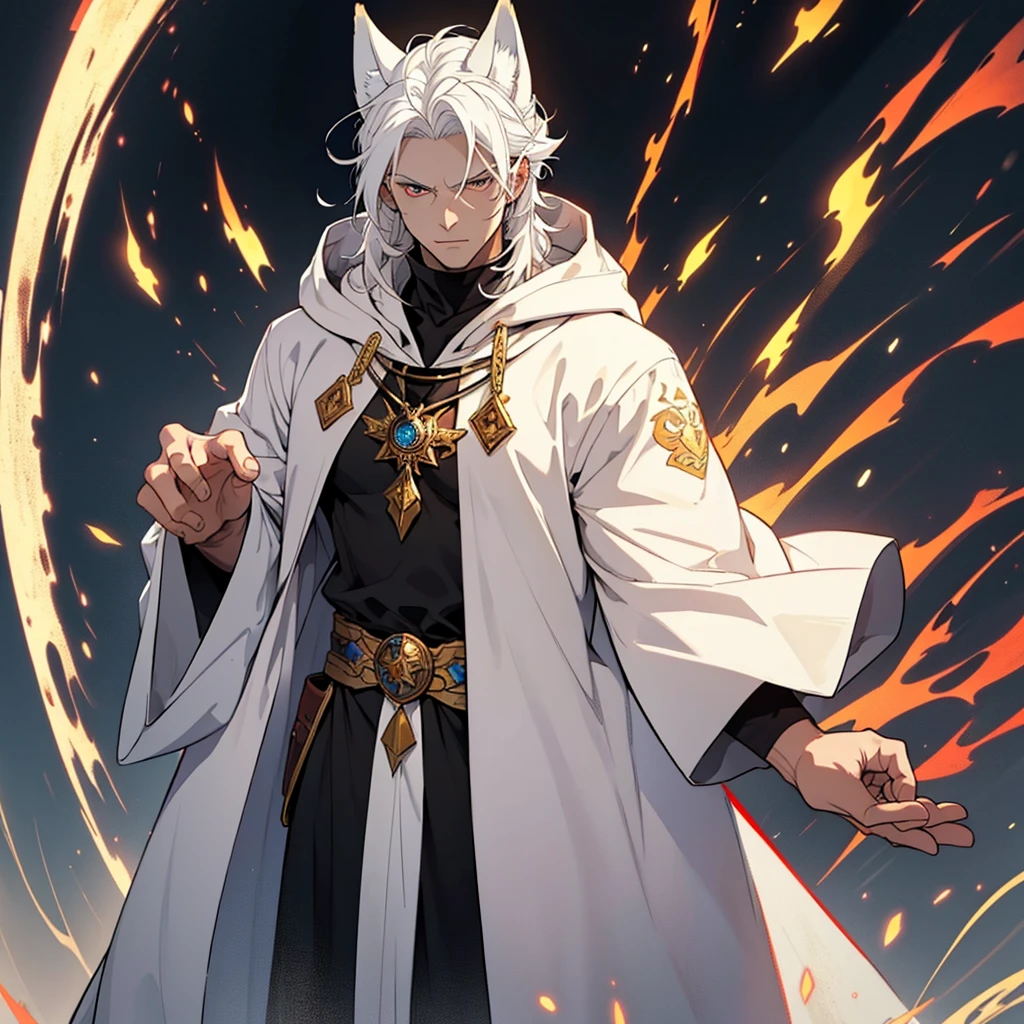 Best quality, masterpiece, ultra high res,cowboy shot,solo,male,mature male, white hair, (golden eyes), furry fox ears, (mystic red tatoo on the forhead), a man, alone, white hair, golden eyes, tall, wears a mage's robe with a hood, White background