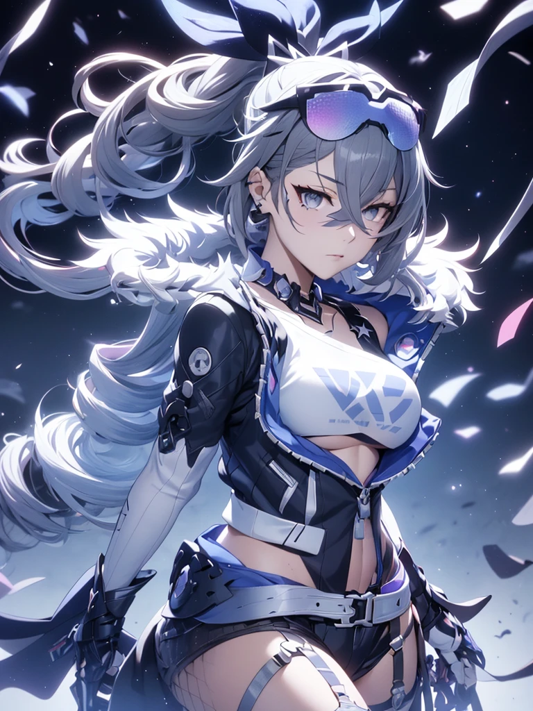 sliver wolf /(honkai:star rail/), grey hair(drill ponytail), fur trim jacket, sunglasses (piercing gaze)(cold expression), beautiful face, beautiful eyes, ultra hd, high resolution, best quality, 8k, top quality, Anime character, game character, girls, video game, silver wolf, honkaistarrail