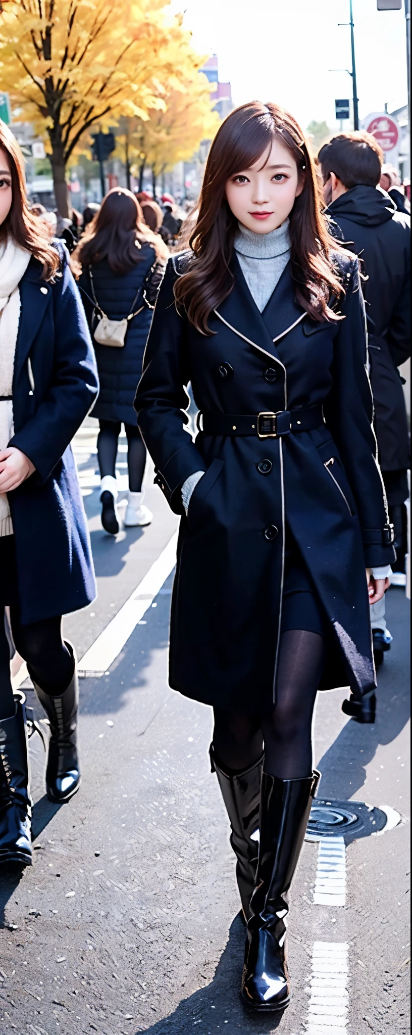 (8k, RAW photos, top quality, masterpiece: 1.2, ultra detailed, super resolution, real photos: 1.37), (Full body photo), 1 noble elegant Japanese lady, (standing contrapposte), winter season, ((black color coodinate, wearing over-size black coat, winter fluffy scarf, grey long skirt, black tights, wearing long boots)), Shiny, Smile, Looks like 1.8 meters tall, large pelvis, Large breasts, big cuvy hips, Thin waist, Long legs, skin hyper-detail, 20 years old, Perfect face, (Detailed facial features), Wavy hair, Daylight, autumn season, center of street, crowd of people,