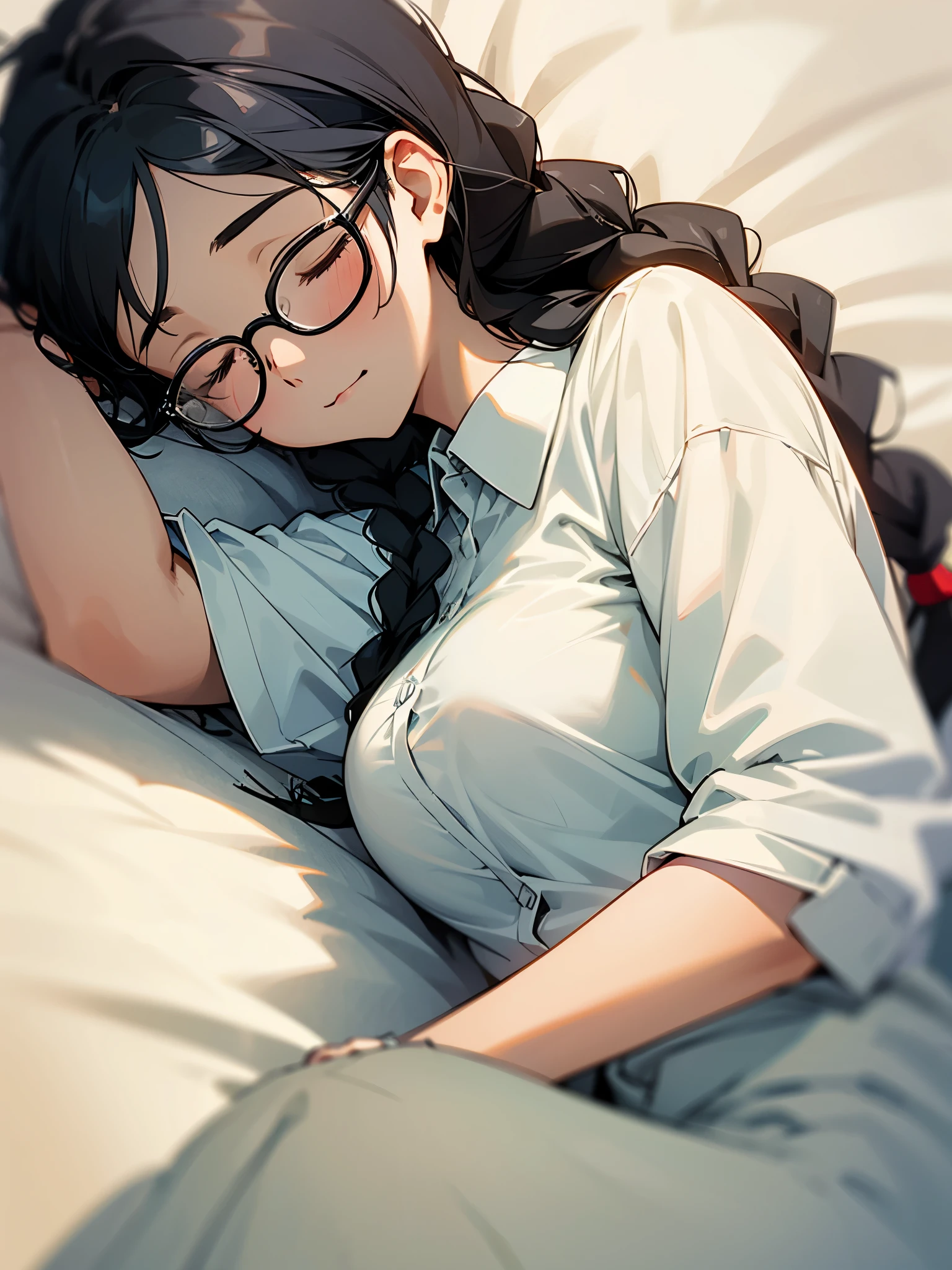 a young cute girl, glasses, braids, black hair, (sleeping), dress shirt, lie on own side, close up
