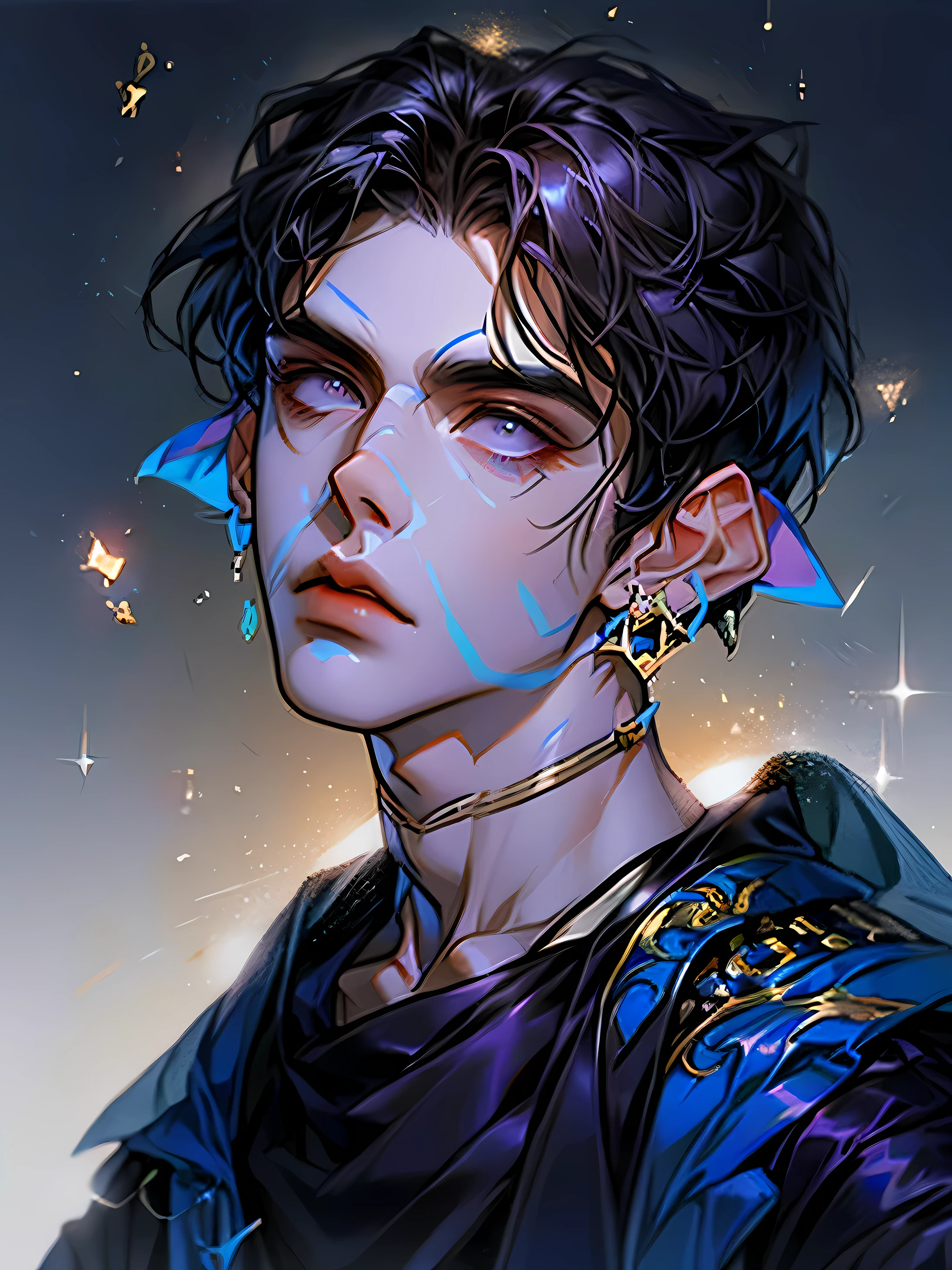 Anime photo of a young man about 20 years old, Bob haircut, bright purple eyes, against the backdrop of the night starry sky, elf ears, Blue scarf, maximum quality Ultra HD 8k, golden jewelery, hiquality, high definition sharpness, Color accuracy, low noise level in dynamic range, innovative and unique images, dark night background, Stars in the background, astrology