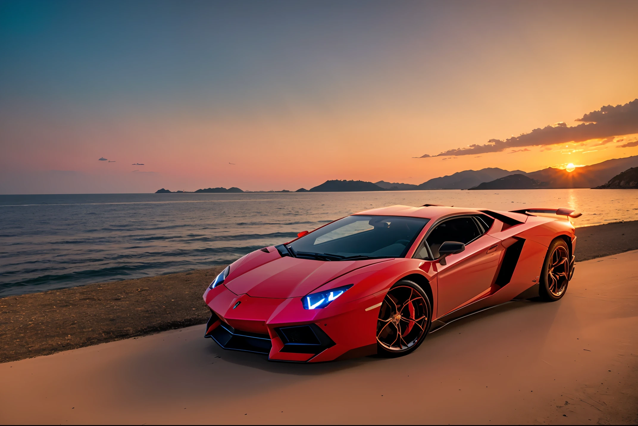 Photo of a bright red Lamborghini Aventador　detail portrayal　Realistic and three-dimensional　ultra-quality　The ultra -The high-definition　At the seaside with a bright red sunset　Very beautiful scenery　Angle from the side