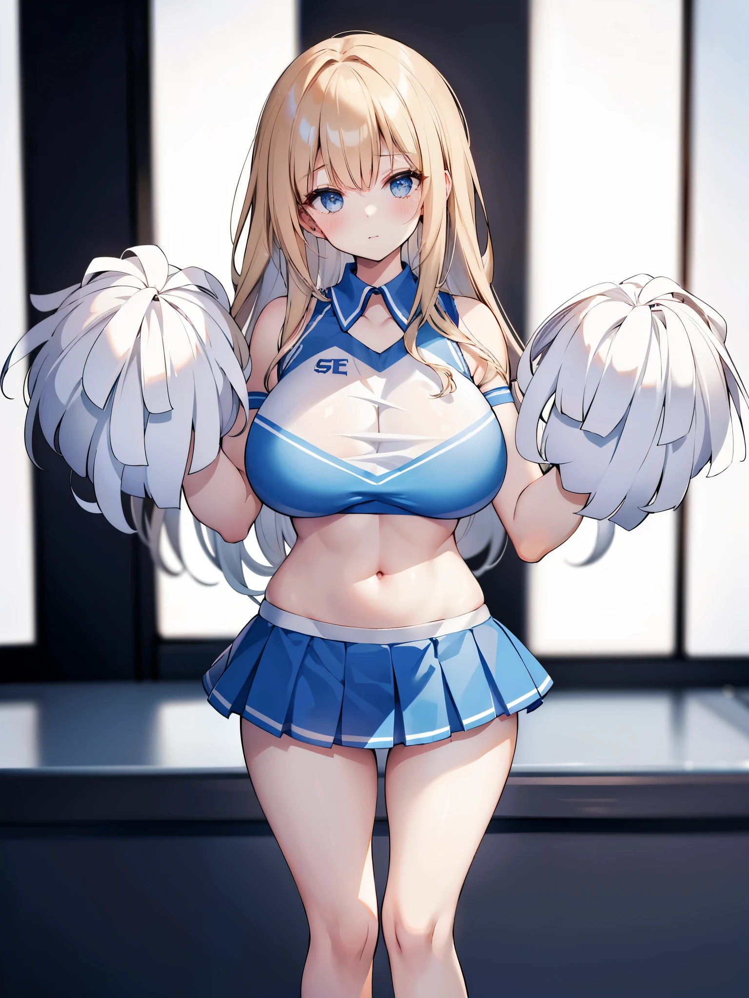 (8K, Best quality at best, tmasterpiece:1.2),\(Eyes detailed\),\(facial feature\),(\(Clothes detail details\)\),(1 girl:1.3),(Alone:1.35),Full body lesbian,18yr old,blond hair blue eyes,sexy plump model,(/white skinned/),(_Yergin:1.2),(a slender waist:1.2),navel,(Cute cheerleading uniforms:1.2),Cheerleading action attention,an sexy,A mature woman,cute cheerleader、Decided Pose,(depth of fields:1.15),(ssee-through:1.25)