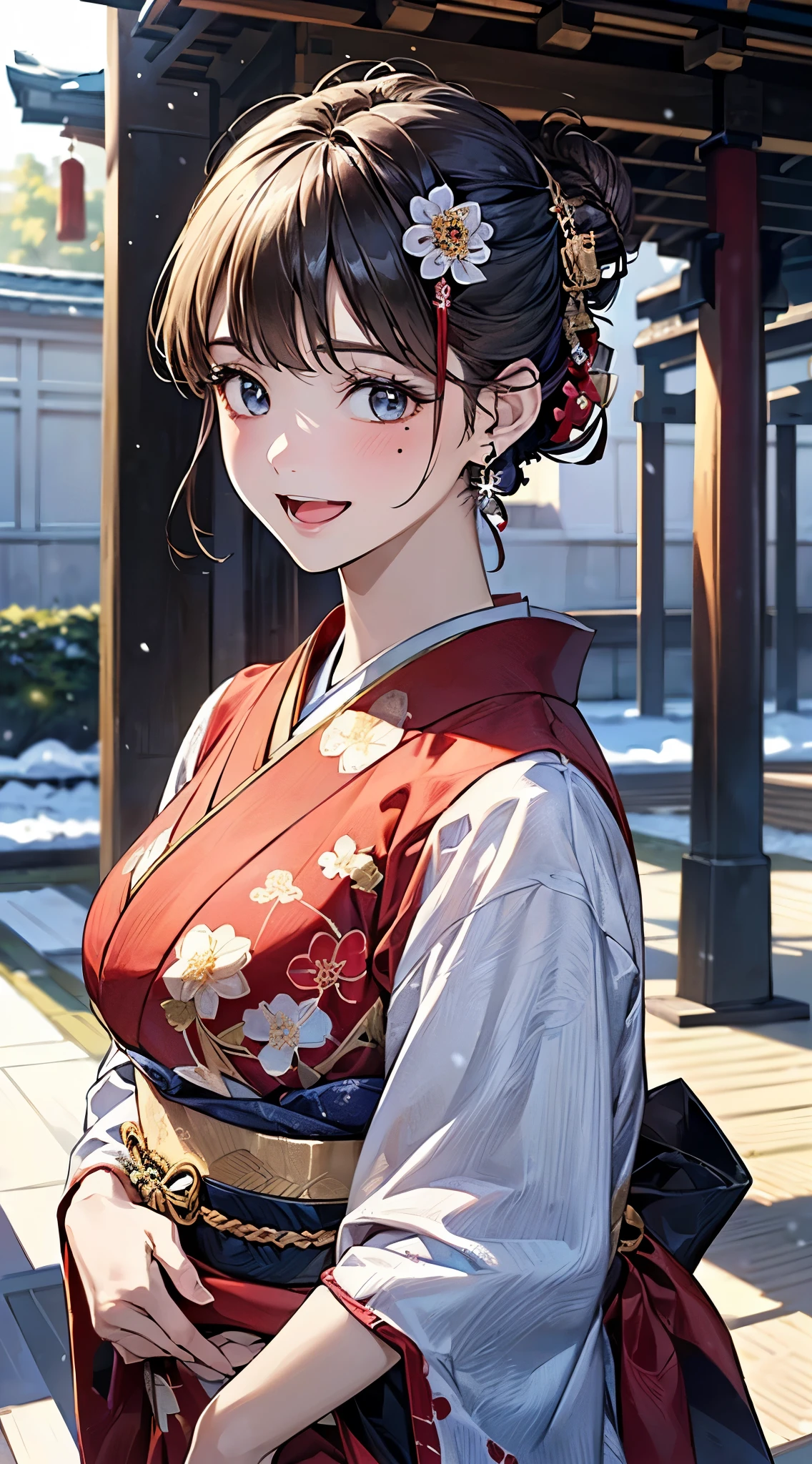 ((perfect anatomy, anatomically correct, super detailed skin)),
1 girl, japanese, 16 years old, shiny skin, large breasts:0.5, looking up, watching the view,
beautiful hair, beautiful face, beautiful detailed eyes, (middle hair:1.5, half updo:1.7), blown hair, blue eyes, babyface, mole under eye,
(((traditional japanese clothing:1.2, (red fabric), fwith an intricate flower pattern:1.3, with gold embroidery:1.2, muffler, luxurious hair ornament))),
((smile:1.5, open mouth)), standing,
(beautiful scenery), winter, dawn, (new year's day, first visit), hokkaido, sapporo, outside shrine, crowd, snow, snowfall:1.5, freezing weather, frost,
(8k, top-quality, masterpiece:1.2, extremely detailed), (photorealistic:1.2), sunlight, beautiful art, visual art, depth of fields, natural lighting,