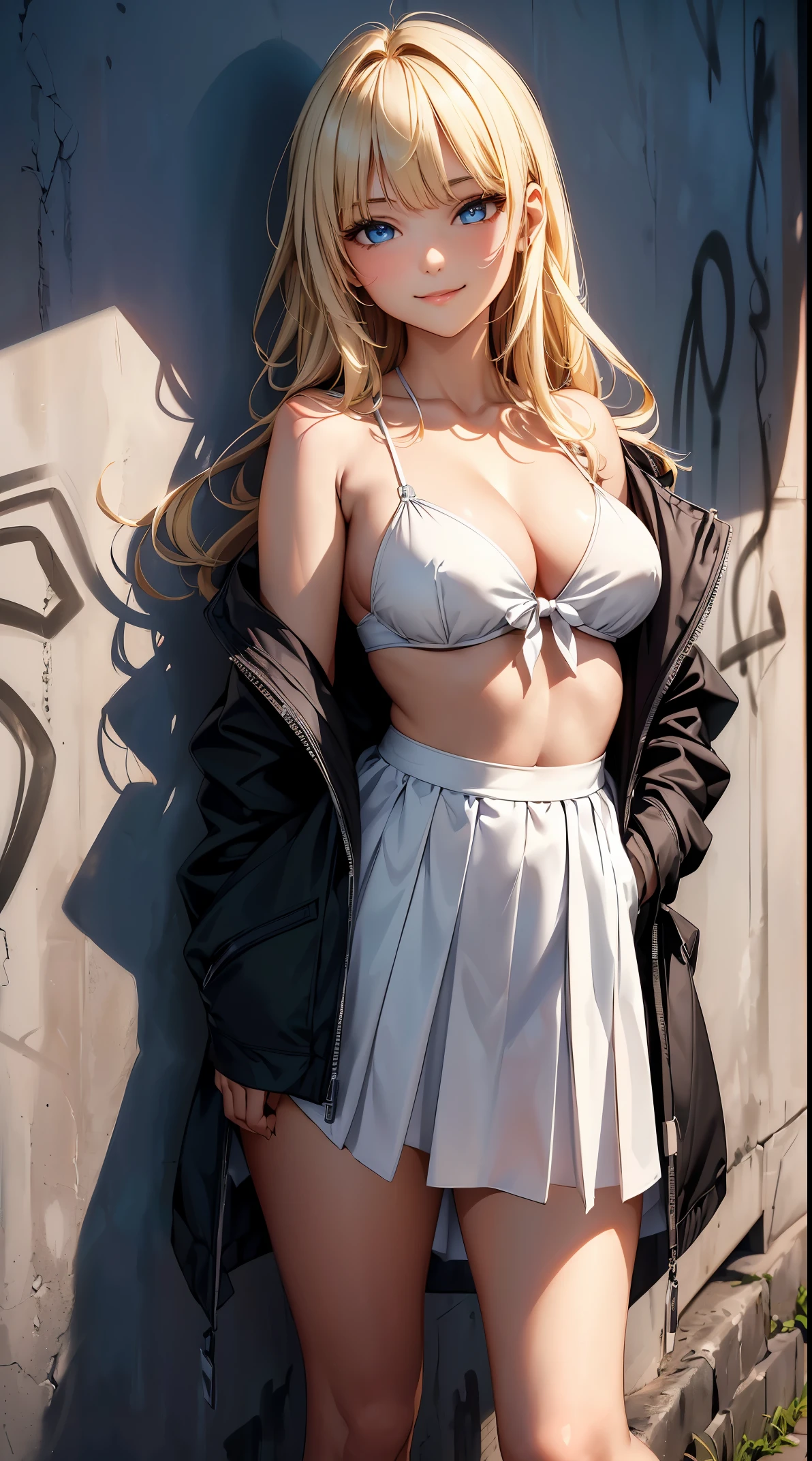 ((masterpiece, top-quality, the Extremely Detailed CG Unity 8K Wallpapers, Ultra-realistic 8kCG, erfect artwork)), The perfect female figure, Dramatic shadows, spot light, Perfect litthing, Detailed light, (((1girl in))), ((A detailed face,clearly defined eyes, )), ((a blond, waved hair)), (((sexypose))), Navel is visible, large full breasts, ((cute face))), (gently smiling: 1.2), (asymmetrical bangs, beautiful eyelashes), 美丽的面容, Clear eyes, (beautiful chest line:1.2), (cleavage), beautiful a girl, Exquisite facial features depicting the perfect face, Naturally beautiful, sweating, slenderbody, Light and beautiful thigh expression, hi-school girl, parka, White blouses, bow ribbon, pleatedskirt, In front of a wall full of graffiti, Night, (((Leaning on the wall, is standing))), ((lowfers:1.5)), awardwinning photo, detaile, realistic light and shadow, 8K分辨率, Professional Lighting, (glistning skin:0.9), perfect hand,