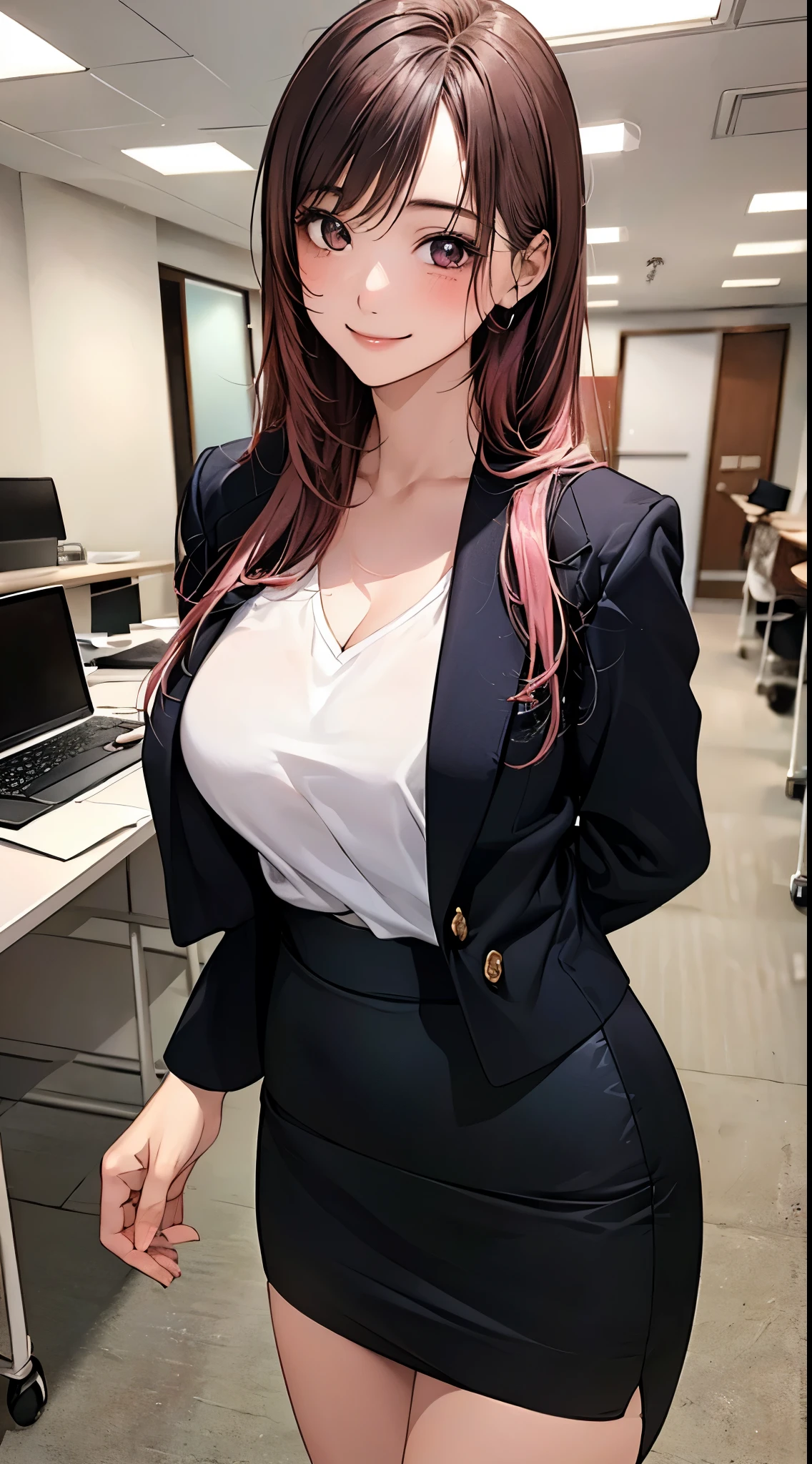 ((((perfect anatomy, super detailed skin)))), 1 girl, japanese, , (detailed ultra-oily shiny skin:1.1), watching the view, (smile:1.5), 
beautiful hair, beautiful face, beautiful detailed eyes, (long hair:1.4, straight hair:1.7), (pink hair), (beautiful large breasts:1.3), 
beautiful clavicle, beautiful body, beautiful chest, beautiful thigh, beautiful legs, beautiful detailed fingers, five fingers, babyface, , breast, 
((long sleeves, white shirt, suit jacket, pencil skirt)), 
(beautiful scenery), office, window, desk, chair, computer, ceiling, ceiling light, standing, 
(8k, top-quality, masterpiece​:1.2, extremely detailed), (photorealistic:1.2), sunlight, beautiful art, visual art, depth of fields, natural lighting,