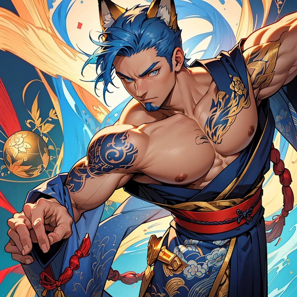 Best quality, masterpiece, ultra high res, one male, cowboy shoot, bara, muscular, mature male, (blue hair), (((golden eyes))), furry fox ears, (mystic red tatoo on the forhead), tall, wears a japanese traditional kimono, no background