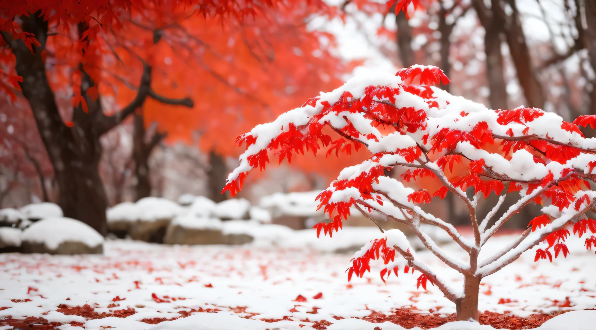 snowy scene of a tree with red leaves in the foreground, with snow covered colourful red, beautiful wallpaper, magical leafs falling, red and white colors, dusting of snow, autumn season, red leaves, maple tree, canadian maple leaves, red trees, red leaves on the ground, blood red leaves, very beautiful photo, gentle snow, red and white color theme