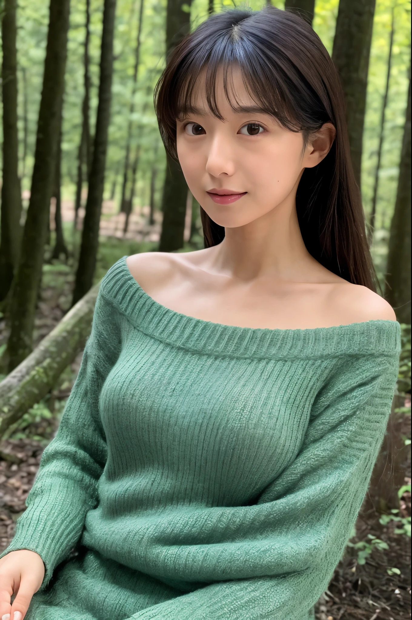 (High reality photograph, high resolusion, detailed face, detailed eyes) Skinny Japanese lady, 30 years old, cute face, various face expression, various hair style, skinny figure, medium breasts, very thin waist, wearing tight shirt and skirt, alone in forest