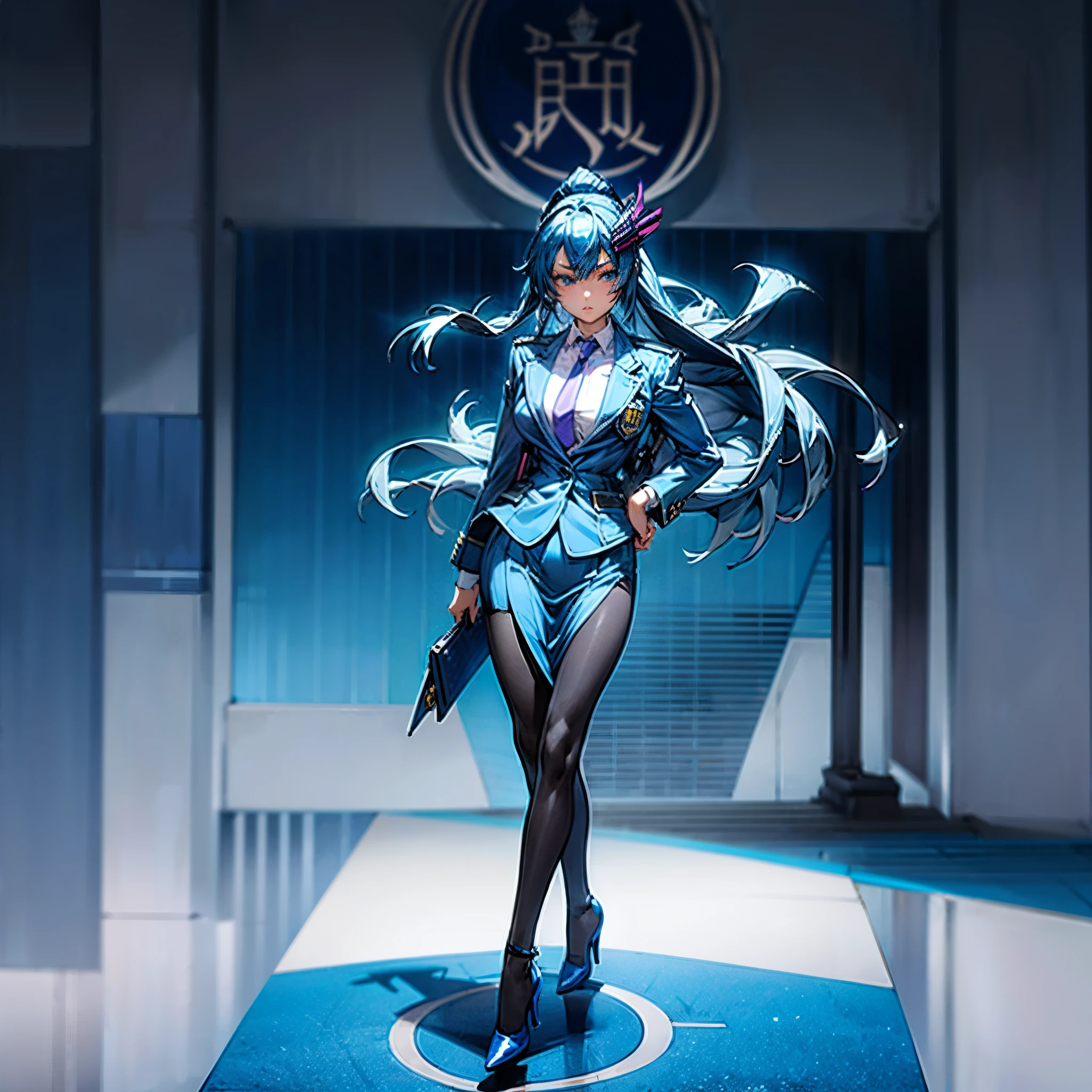 Female Police Officer、Long blue hair、Indigo Tie、Blue tight skirt、Indigo Blazer、pantyhose、high-heels、White handbags、Standing statue with full body view