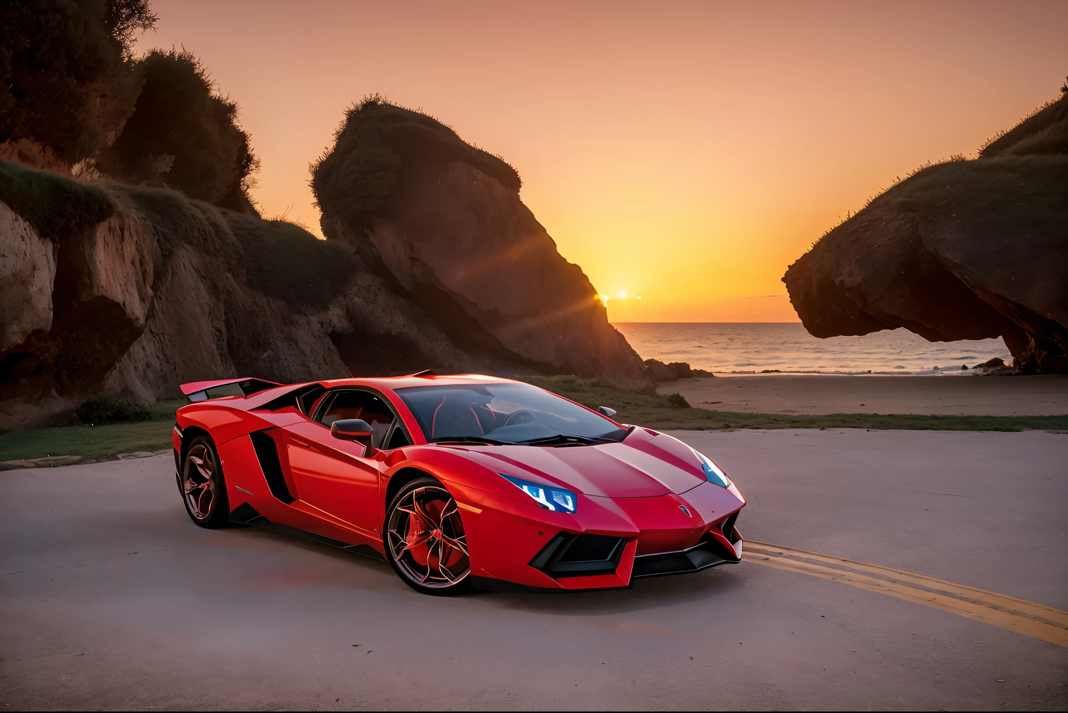 Photo of a bright red Lamborghini Aventador detail portrayal Realistic and three-dimensional ultra-quality The ultra -The high-definition At the seaside with a bright red sunset Very beautiful scenery Angle from the side