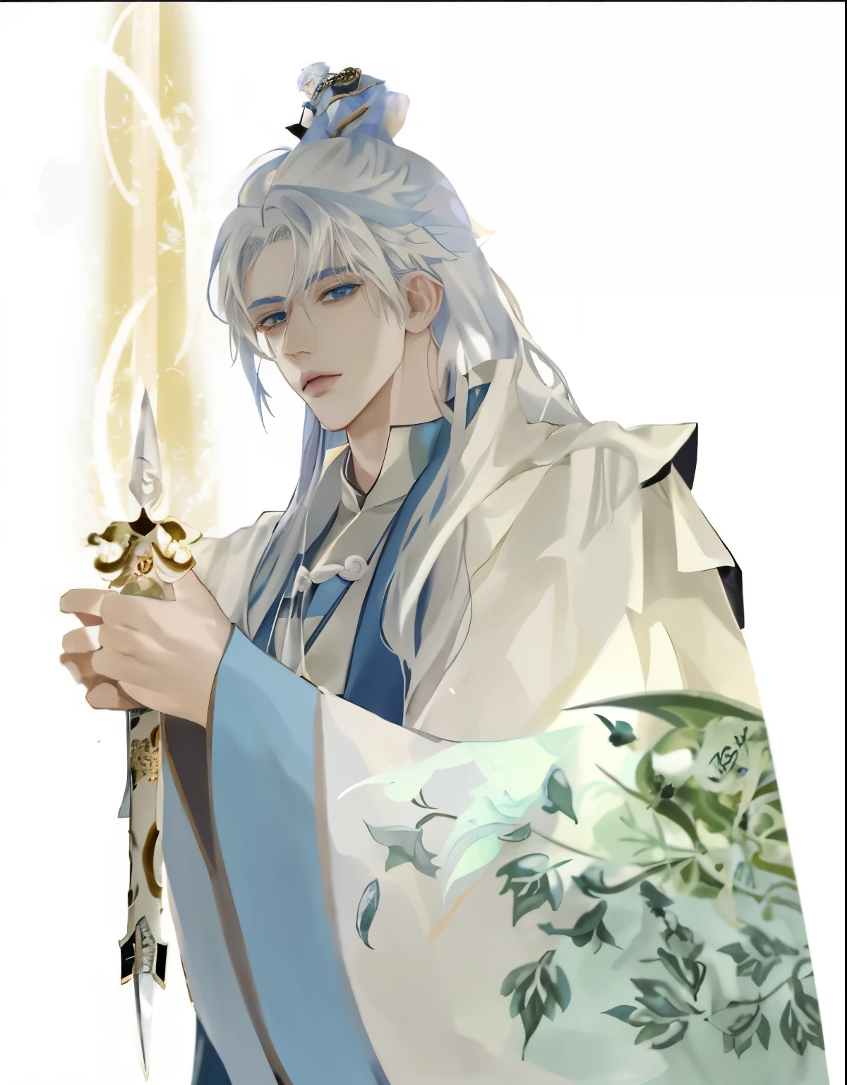 A white-haired anime character holds a sword and wears a blue robe., Heise Jinyao, White-Haired Angel, inspired by Huang Shen, Inspired by Guan Daosheng, Inspired by Bian Shoumin, zhao yun, Onmyoji Portrait, loongs, Inspired by Hong Ren, Taisho Roman, Masamune Shiro, Pian Lian, Yee Chong Silverfox