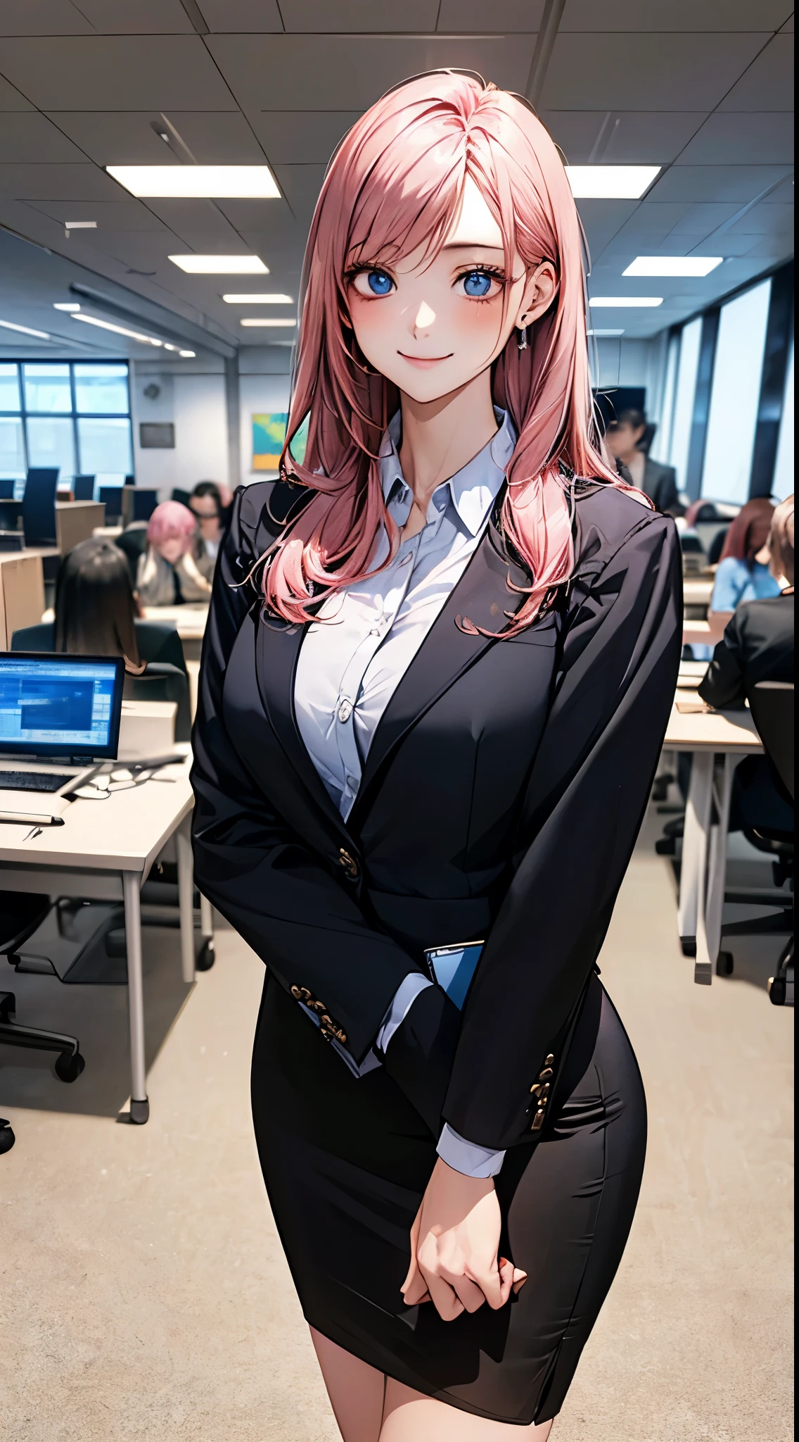 ((((perfect anatomy, super detailed skin)))), 1 girl, japanese, 17 years old, (detailed ultra-oily shiny skin:1.1), watching the view, (smile:1.5),
beautiful hair, beautiful face, beautiful detailed eyes, blue eyes, (long hair:1.4, straight hair:1.7), (pink hair), (beautiful large breasts:1.3),
beautiful clavicle, beautiful body, beautiful chest, beautiful thigh, beautiful legs, beautiful detailed fingers, five fingers, babyface, , breast,
((long sleeves, white collared shirt, black suit jacket, black pencil skirt)),
(beautiful scenery), office, window, desk, chair, computer, ceiling, ceiling light, standing,
(8k, top-quality, masterpiece:1.2, extremely detailed), (photorealistic:1.2), sunlight, beautiful art, visual art, depth of fields, natural lighting,