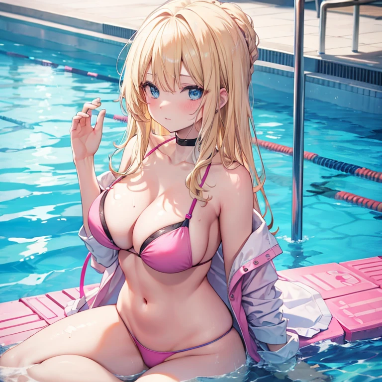 Blonde hair, blue eyes, sexy, large breasts, pink bikini, a hotel swimming pool